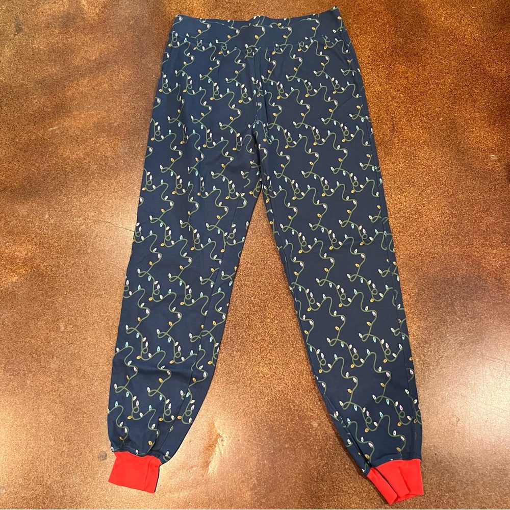 Pact 100% Cotton PJ Bottoms with Christmas Light Print and Red Cuffs Sz L